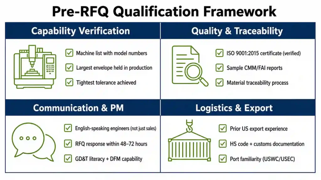 Four-quadrant qualification checklist for evaluating a Vietnam machine shop before RFQ