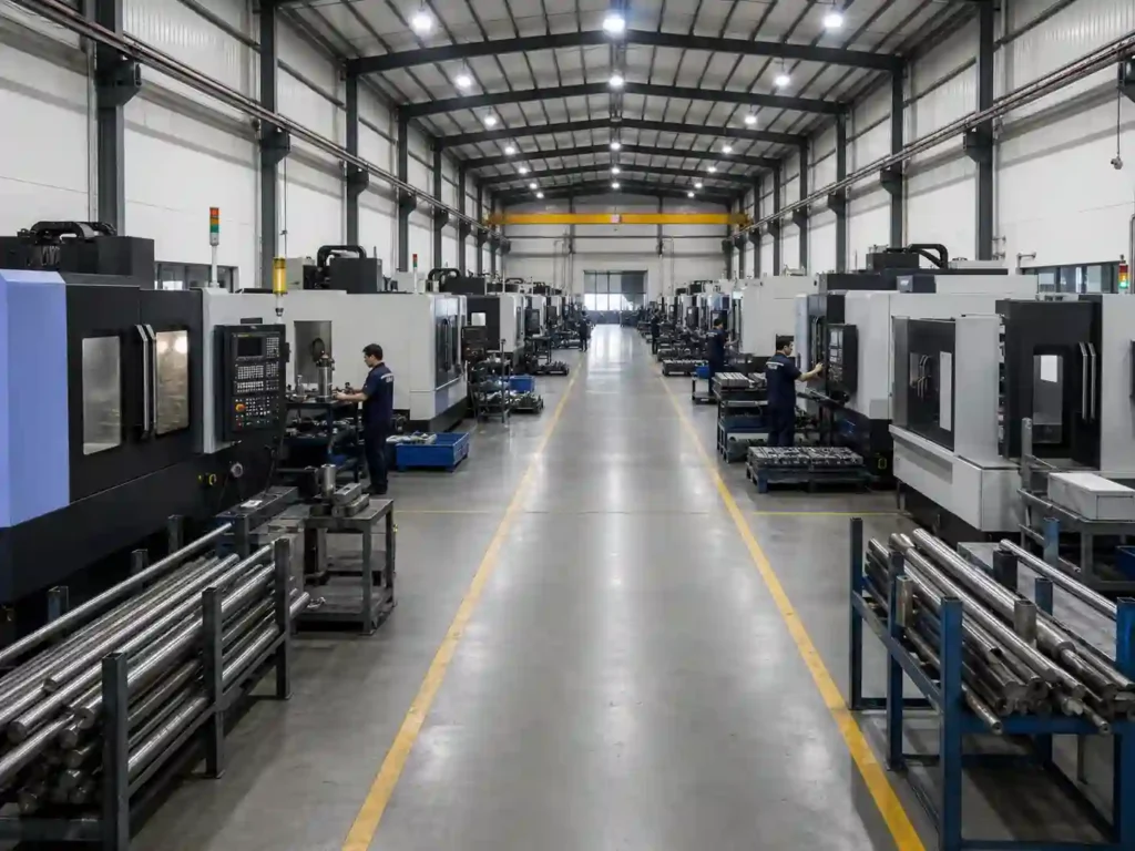 Wide view of Trans Machine Technologies Vietnam CNC machining shop floor with multiple machining centers, Nhon Trach Dong Nai