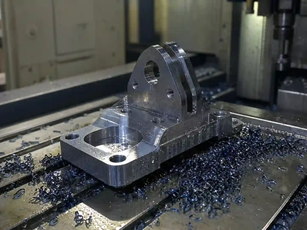 Close-up of CNC end mill cutting precision pocket into steel block at CNC machining shop