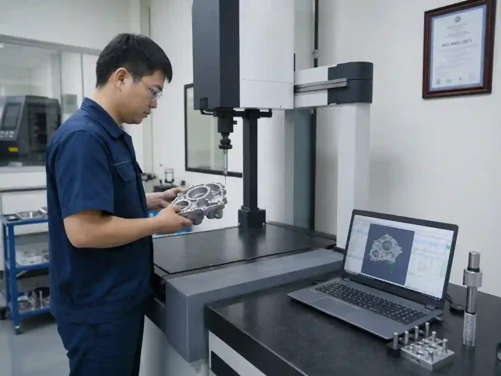 CNC machinist reviewing engineering drawing beside turning center in precision machining shop in Vietnam